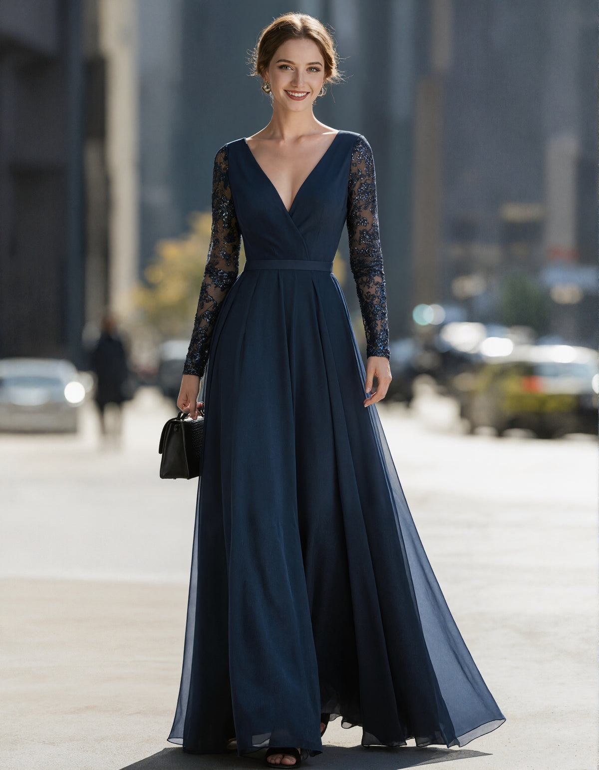 Navy Sequined Mesh Long Sleeve Maxi Dress
