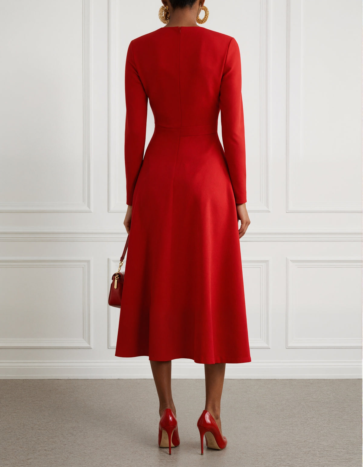 Red Asymmetrical Long Sleeved A-line Midi Dress