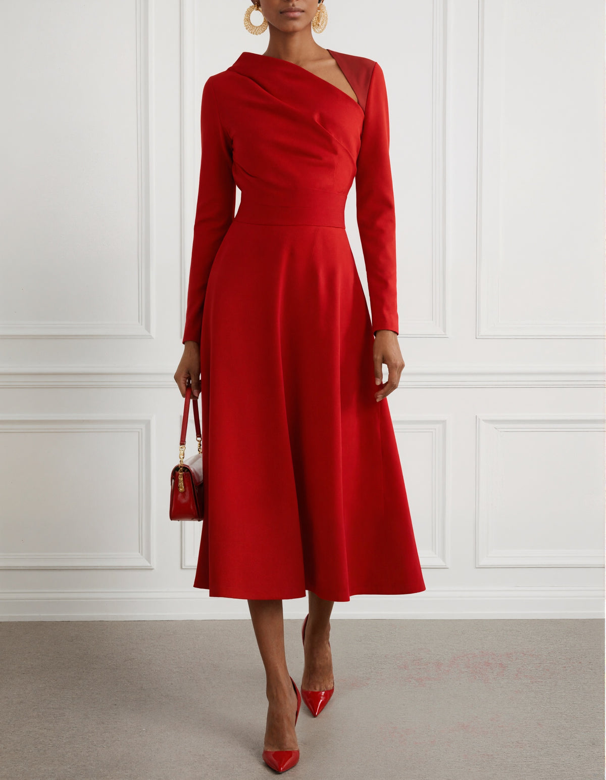 Red Asymmetrical Long Sleeved A-line Midi Dress