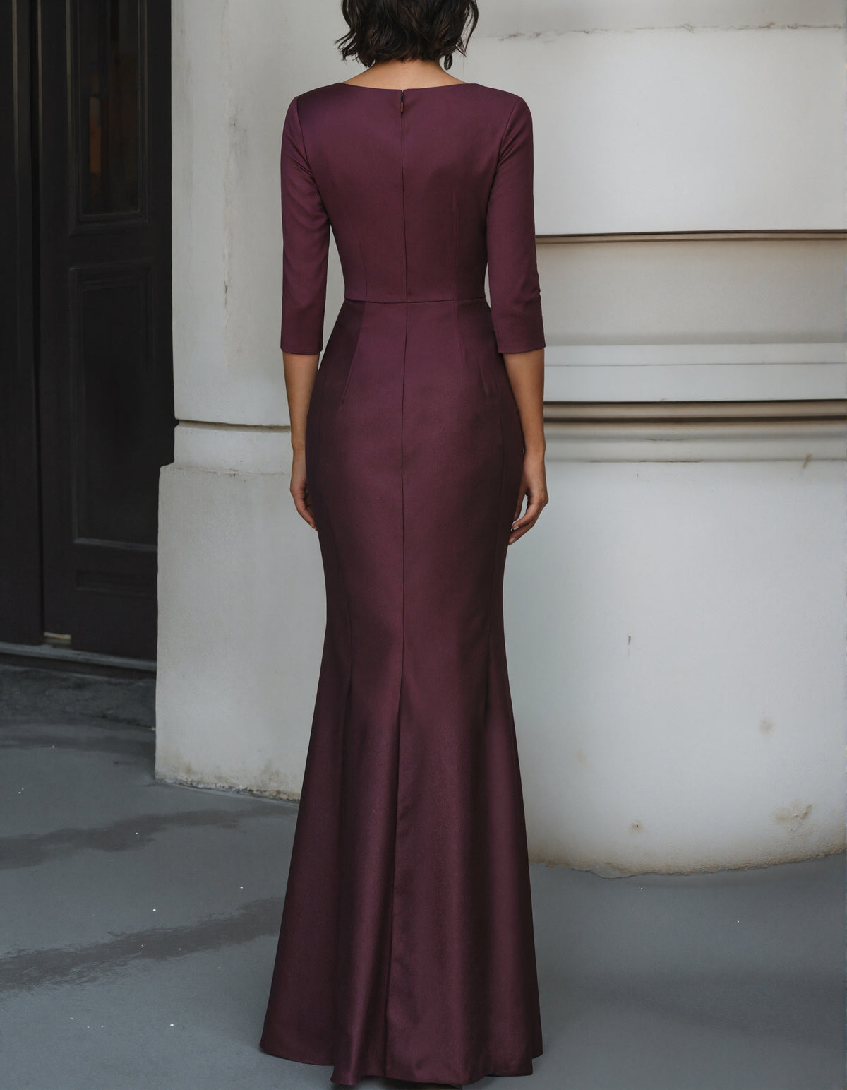 Burgundy V-neck Satin Fishtail Maxi Dress