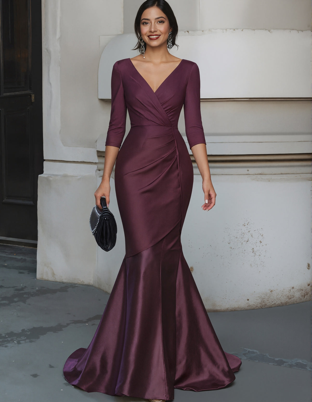 Burgundy V-neck Satin Fishtail Maxi Dress