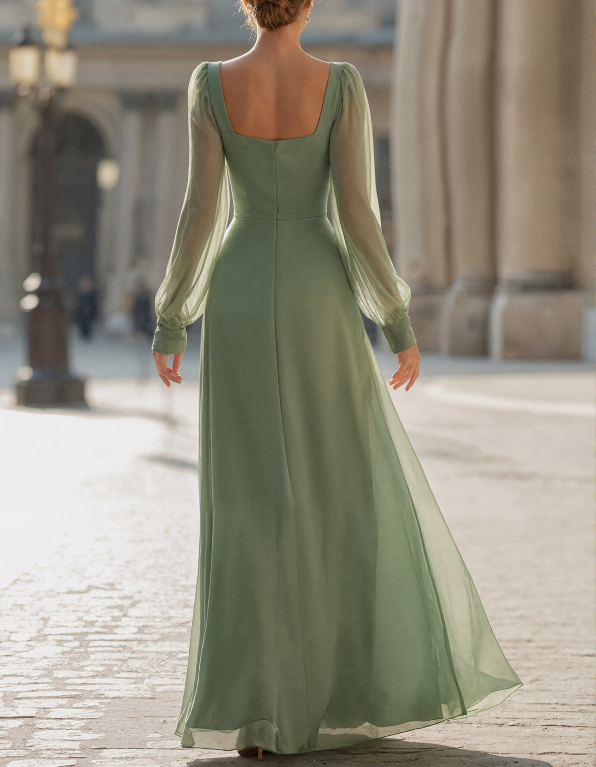 Sage Green Round Neck Chiffon Long Sleeve Maxi Dress