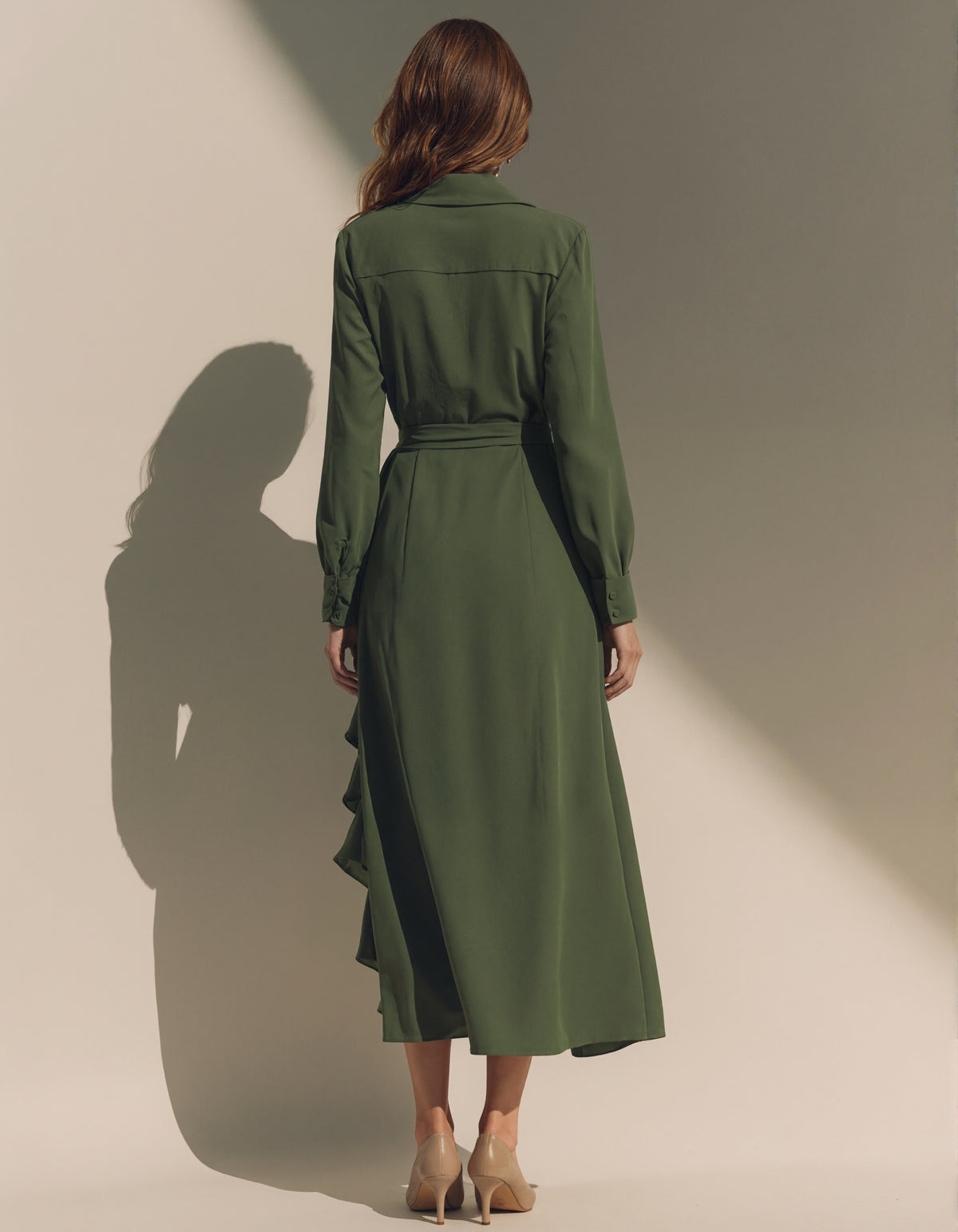 Olive Green Long Sleeved Ruffled Top Maxi Dress
