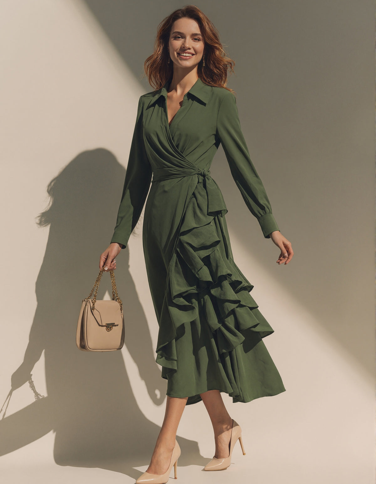 Olive Green Long Sleeved Ruffled Top Maxi Dress