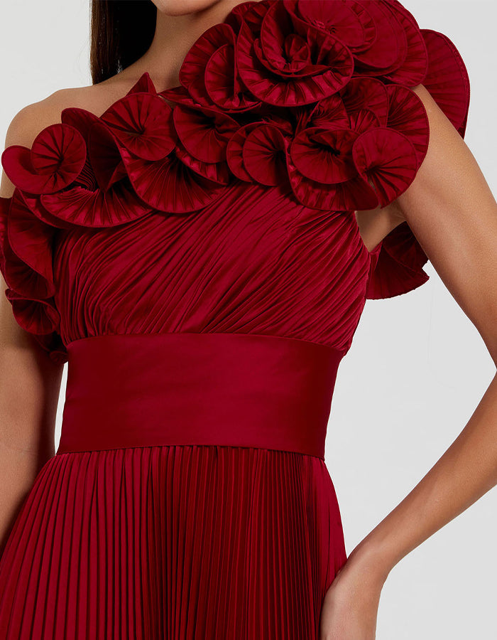 Red Ruffled Neckline With Pleated A-line Maxi Dress