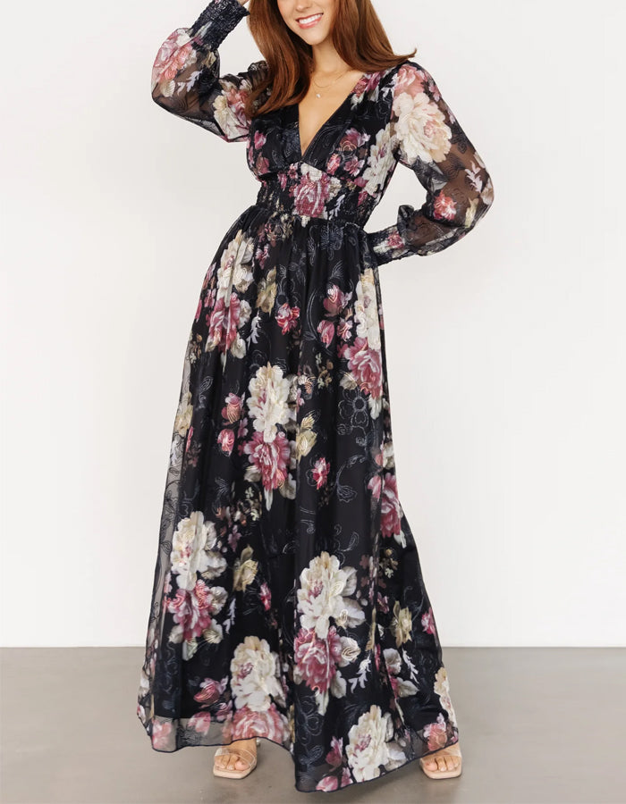 Black Chiffon Printed Long Sleeves Maxi Dress