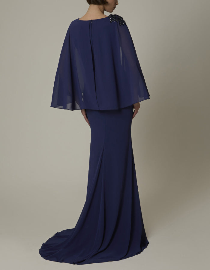 Blue Round Neck Chiffon Maxi Dress