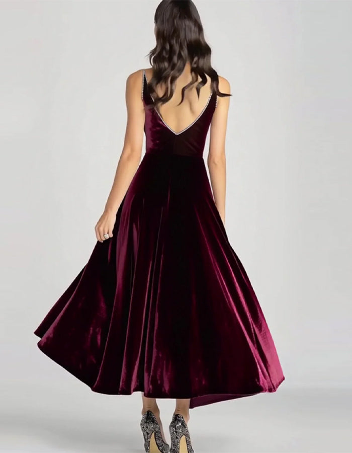 Burgundy Spaghetti Strap V-Neck Velvet Midi Dress