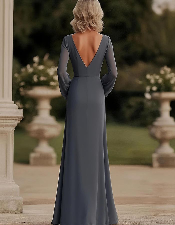 Dark Grey Long Chiffon Slit Mother Of The Bride Maxi Dress