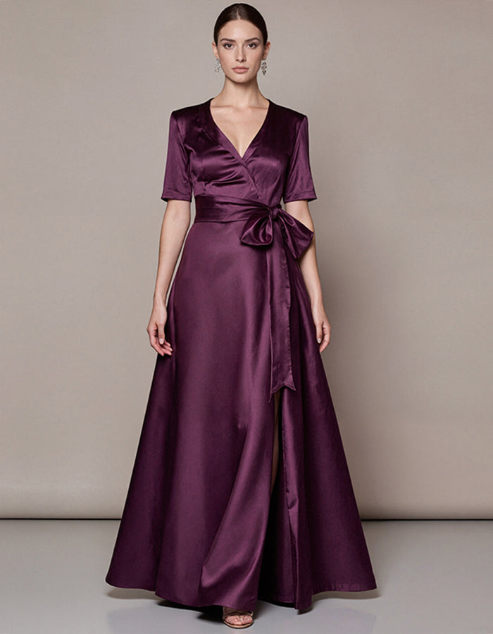 Purple Satin Bow Maxi Dress
