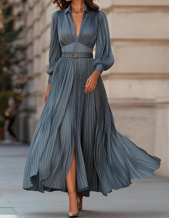Vestido maxi de manga larga con cuello de camisa azul grisáceo