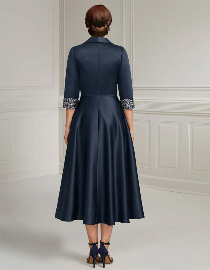 Navy A-Line Mother of the Bride Midi Dress