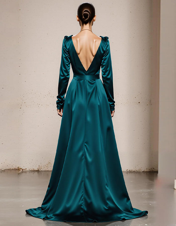 Peacock Green V-neck Satin Long Sleeves Maxi Dress