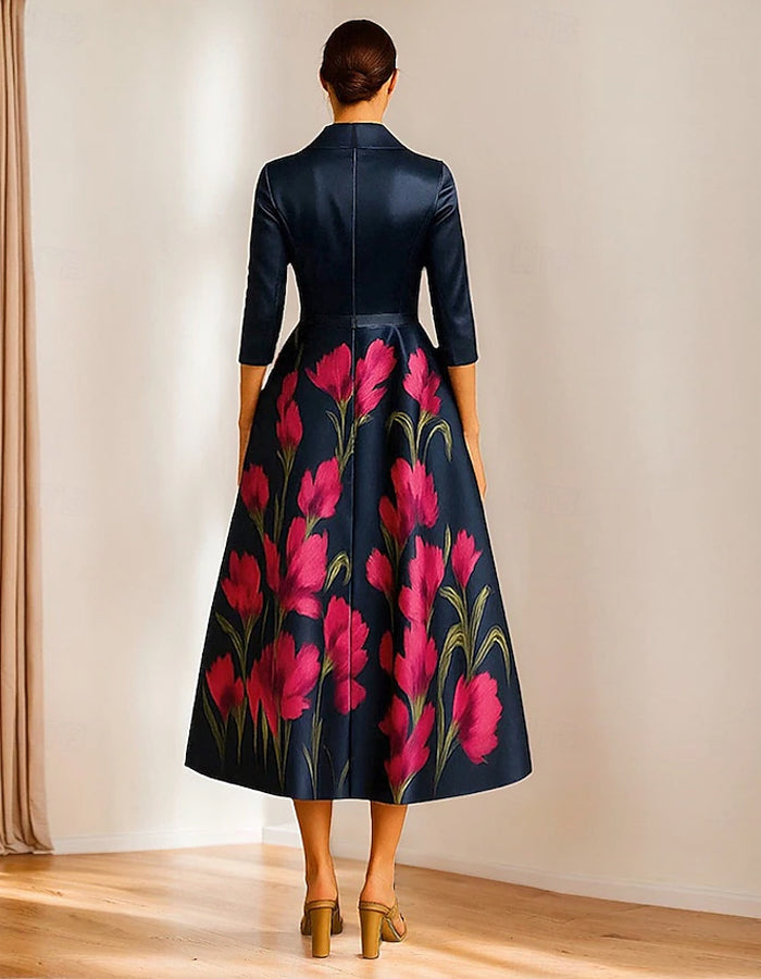 Dark Blue A-Line Mother of the Bride Stretch Satin Floral Print Midi Dress