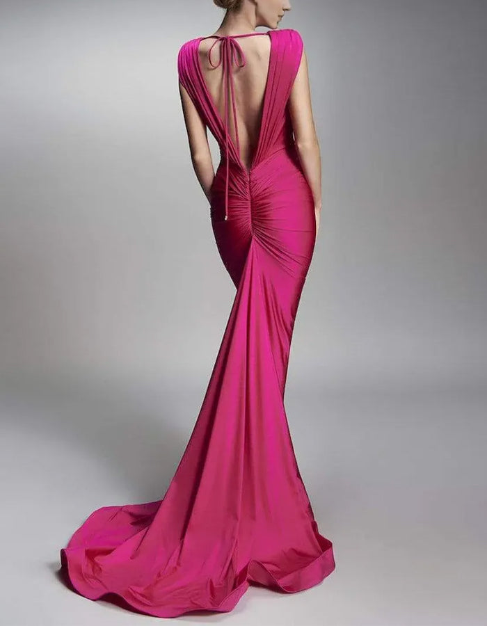 Rose Red Deep V-neck Open Back Satin Split Fishtail Maxi Dress
