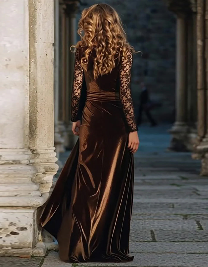 Brown Velvet Long Sleeved Slit Maxi Dress