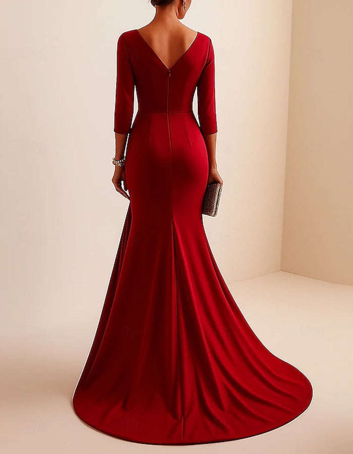 Solid Color Long Sleeved V-neck Satin Maxi Dress