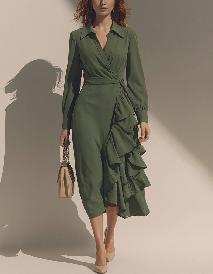 Olive Green Long Sleeved Ruffled Top Maxi Dress