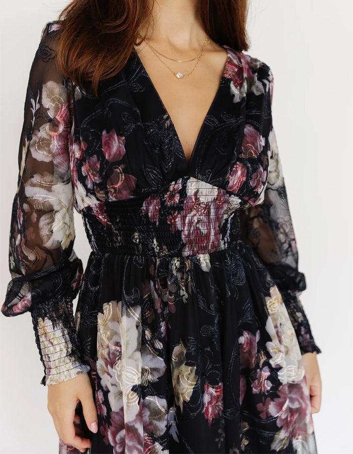 Black Chiffon Printed Long Sleeves Maxi Dress