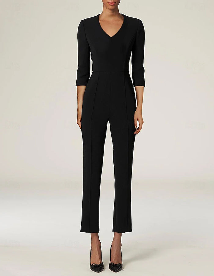 Black V-neck Trailing Three-quarter Sleeve Jumpsuit