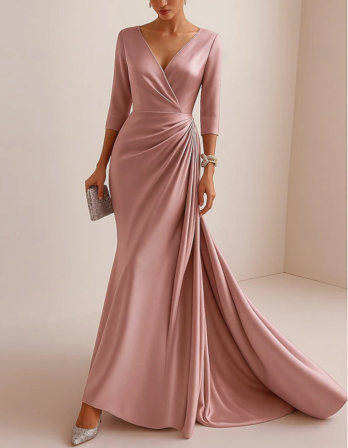 Vestido largo de satén de color liso con cuello de pico y manga larga