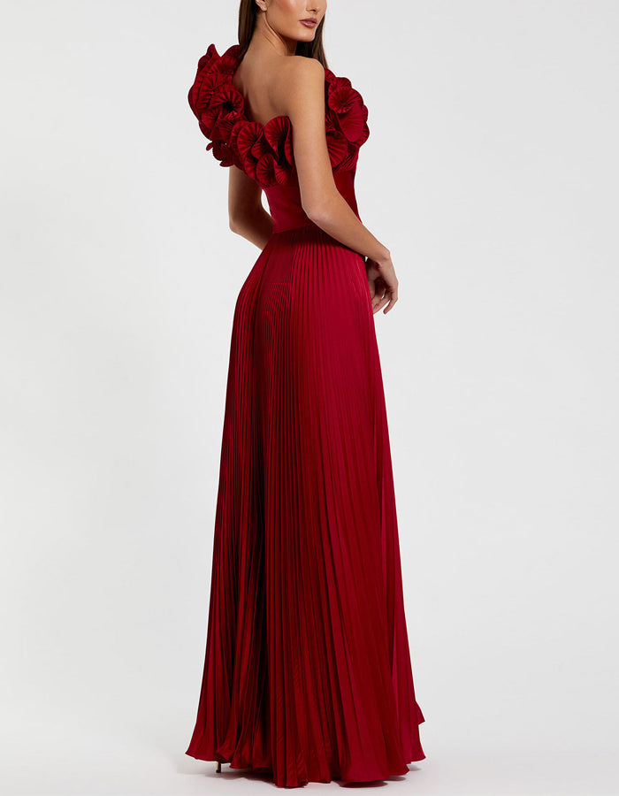 Red Ruffled Neckline With Pleated A-line Maxi Dress
