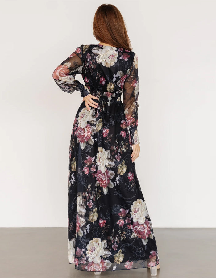 Black Chiffon Printed Long Sleeves Maxi Dress