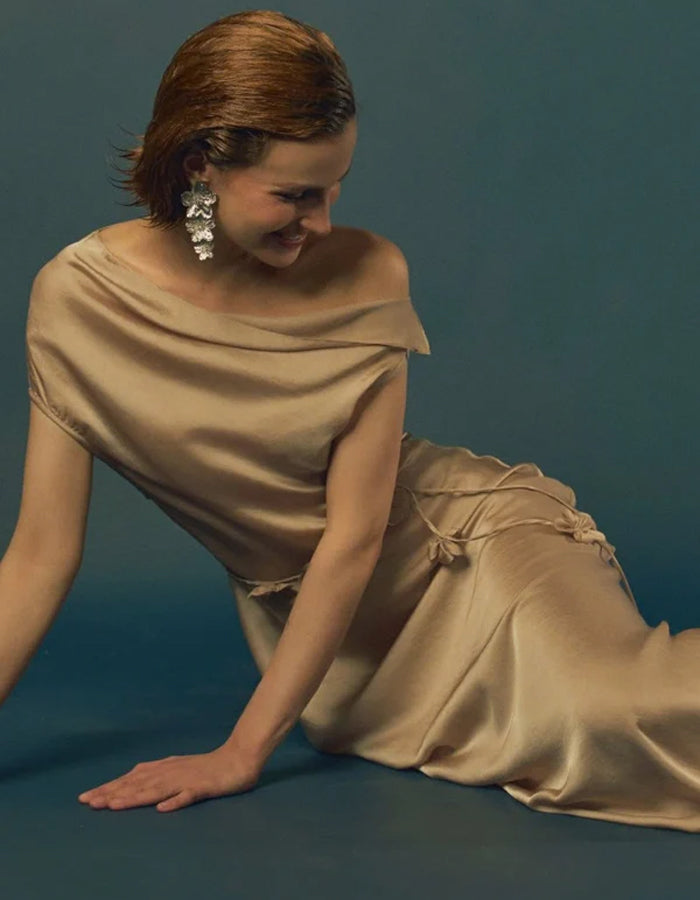 Champagne Asymmetric Neckline Satin Maxi Dress