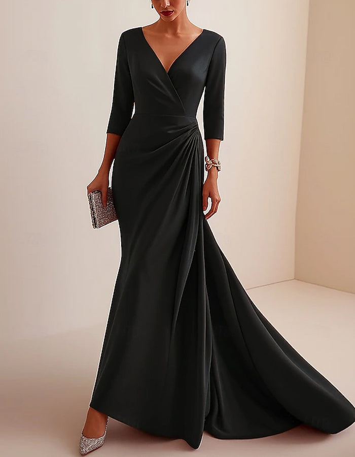 Solid Color Long Sleeved V-neck Satin Maxi Dress