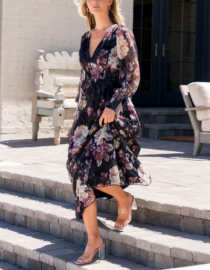 Black Chiffon Printed Long Sleeves Maxi Dress