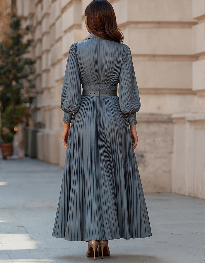 Blue-gray Shirt Collar Long Sleeves Maxi Dress