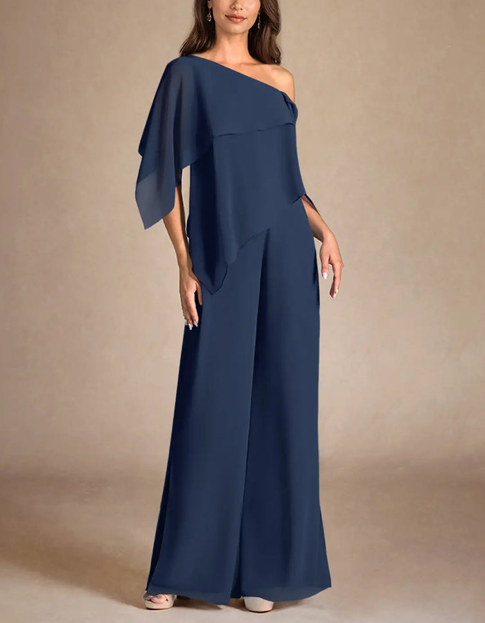 Dark Blue V-Neck Chiffon Short Sleeved Jumpsuit