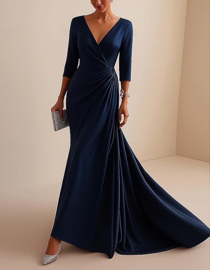 Vestido largo de satén de color liso con cuello de pico y manga larga