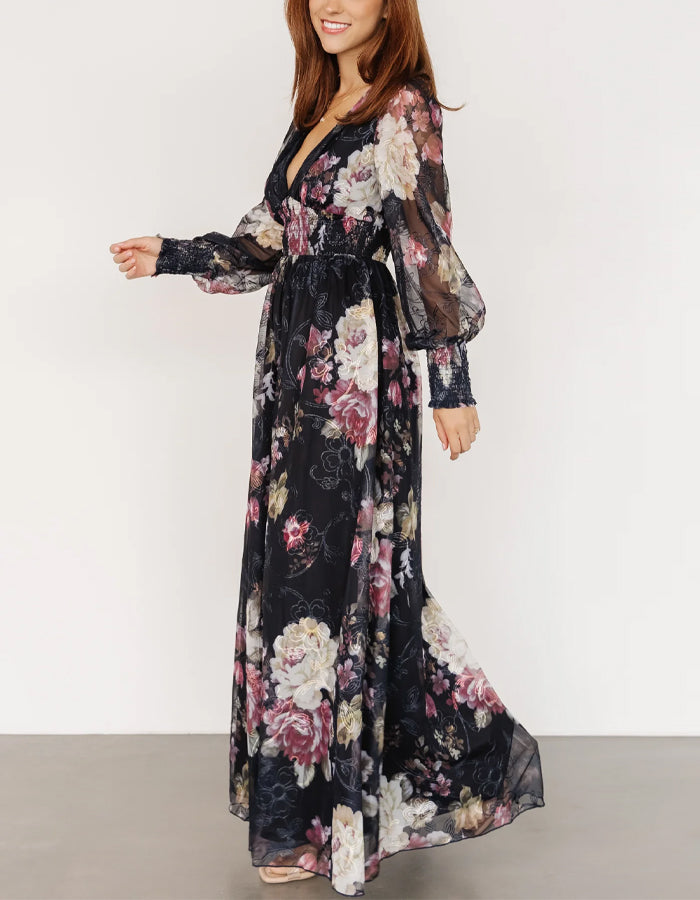 Black Chiffon Printed Long Sleeves Maxi Dress