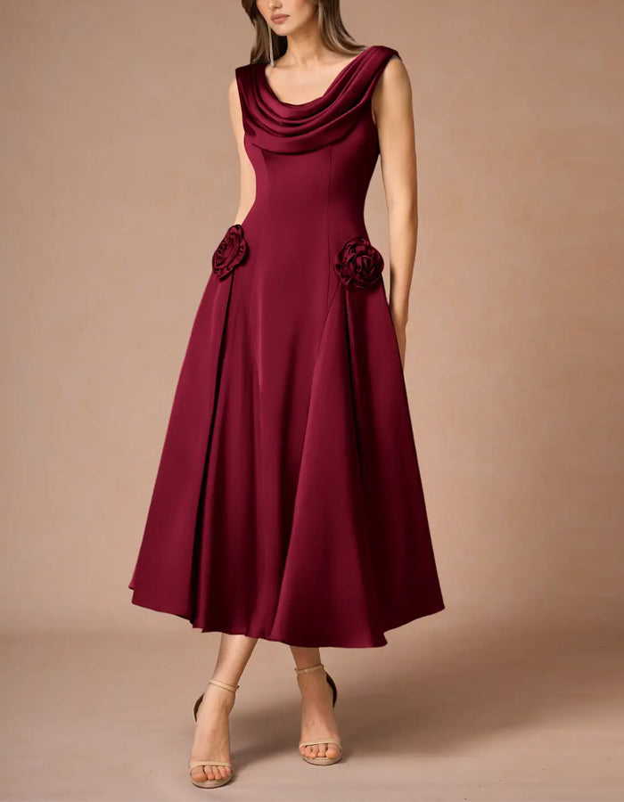 Red 3d Flower Sleeveless Satin Midi Dress