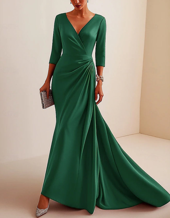 Vestido largo de satén de color liso con cuello de pico y manga larga