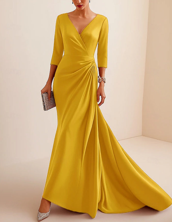 Vestido largo de satén de color liso con cuello de pico y manga larga