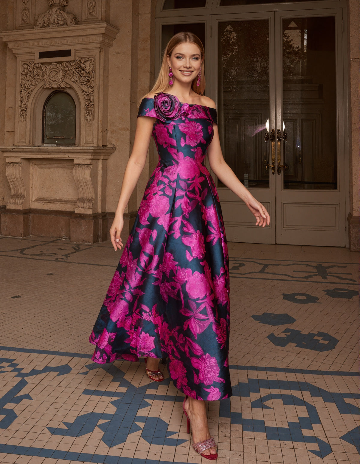 Rose Red Wedding Evening Party Satin Printed Midi Dress
