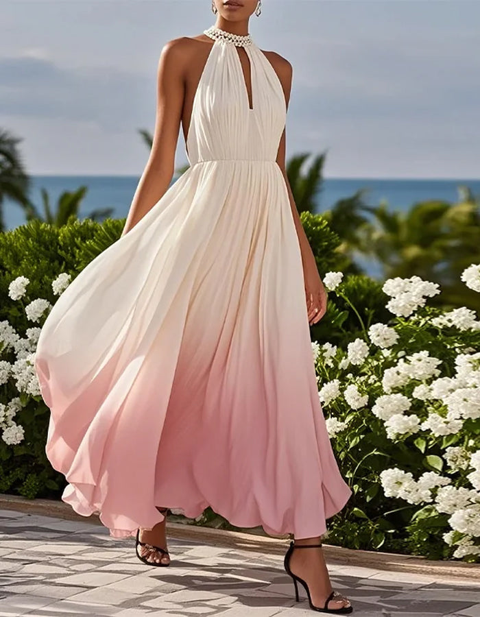 White/Pink Ombre Halter Neck Pearl Detail Maxi Dress