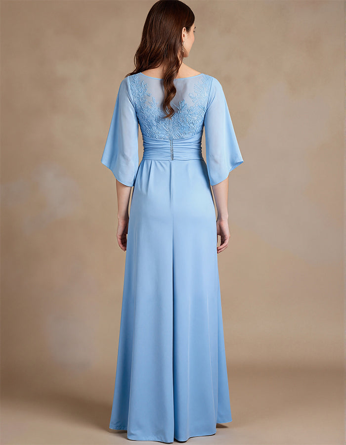 Elegant Eucalyptus Green Cape Sleeve Evening Dress with Lace Details