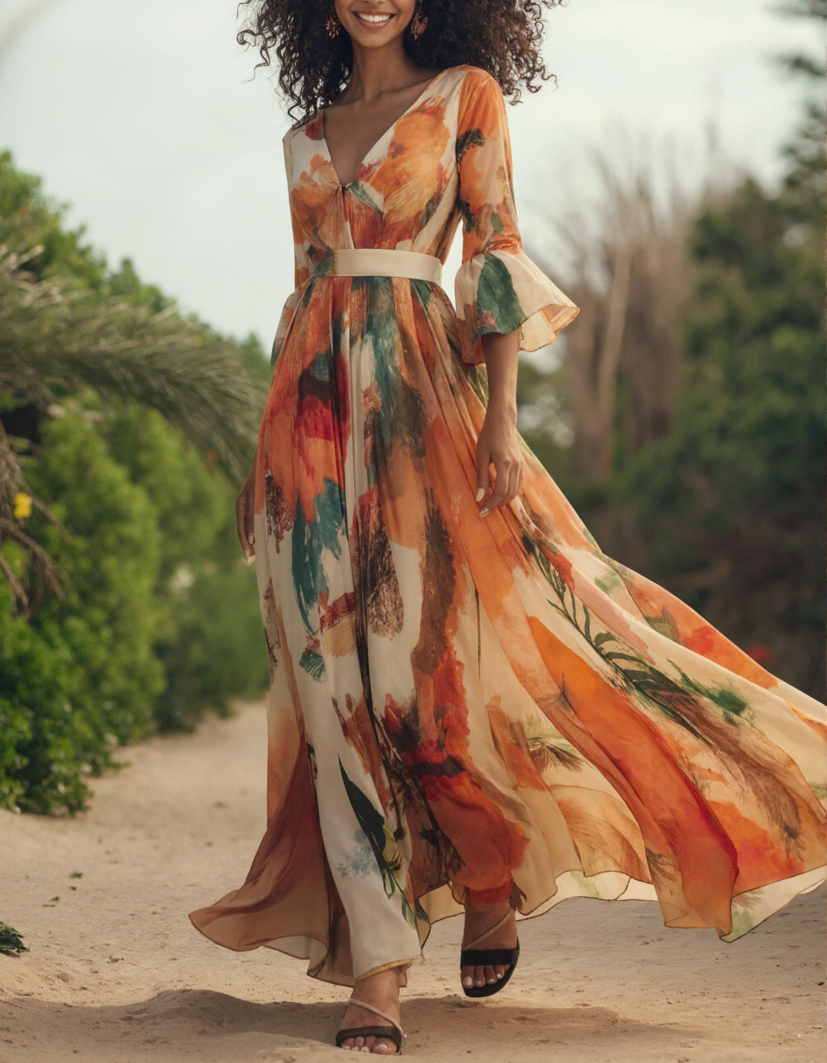 Radiant Orange Chiffon Gown with Painterly Print and Flared Sleeves