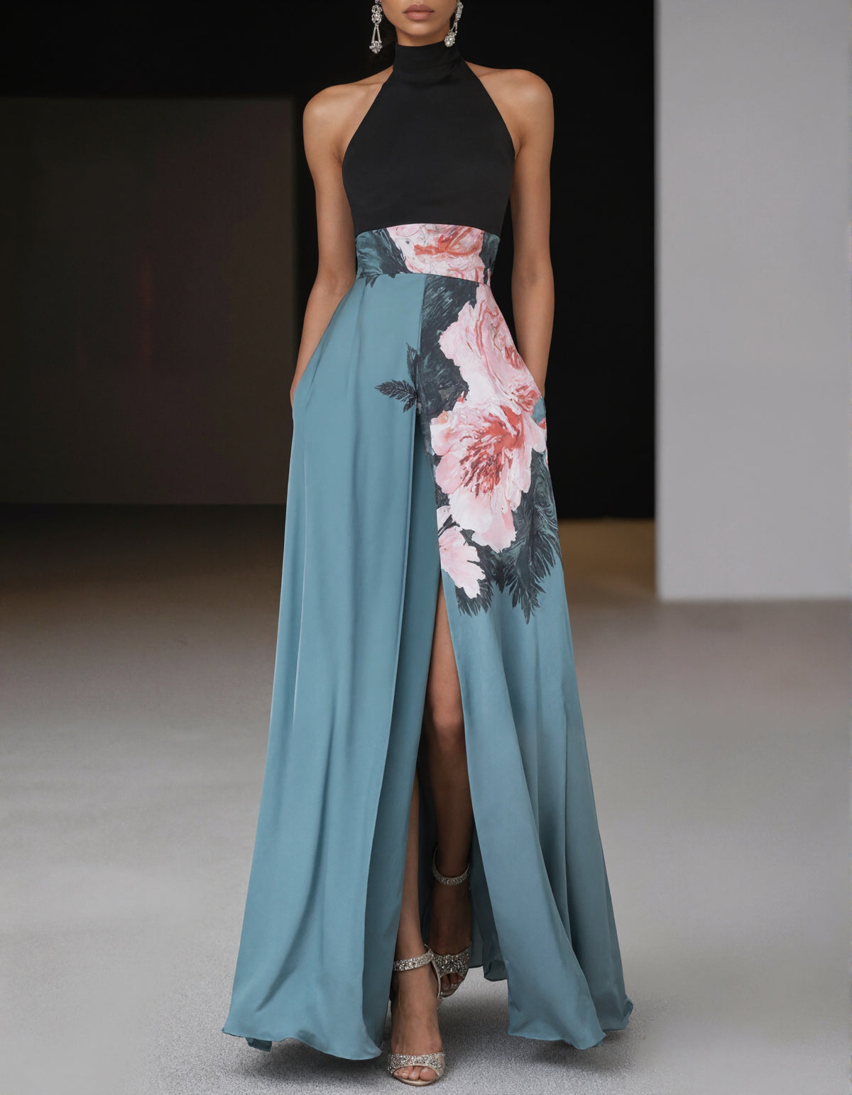 Elegant Black and Teal Satin Gown with Floral Waist Detail and Front Slit
