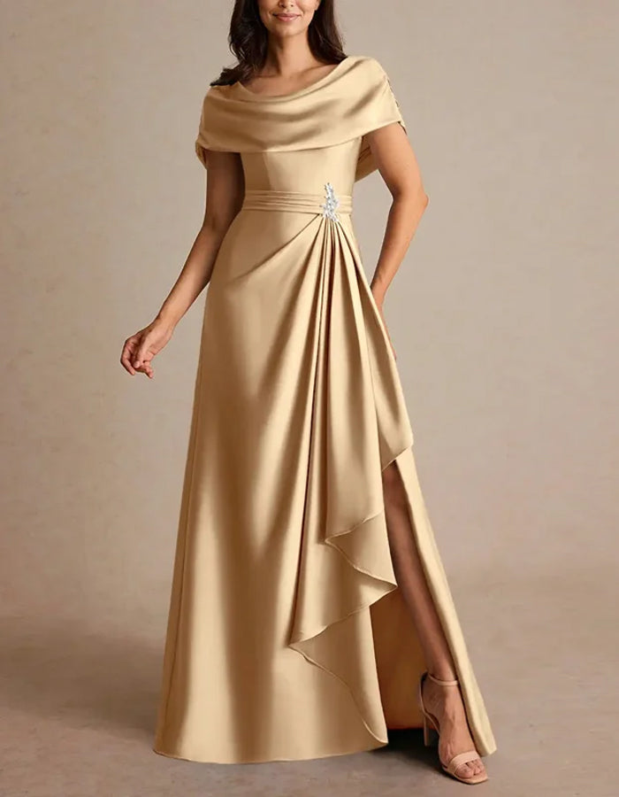 Champagne Silk Short Sleeves  Maxi Dress