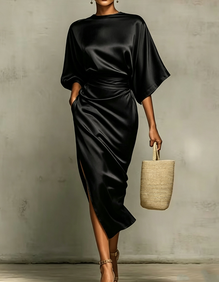 Multicolor Satin Draped Midi Dress