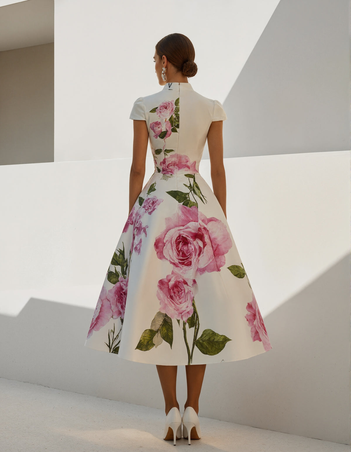 Elegant Satin A-Line Dress with Bold Rose Print and High Neckline