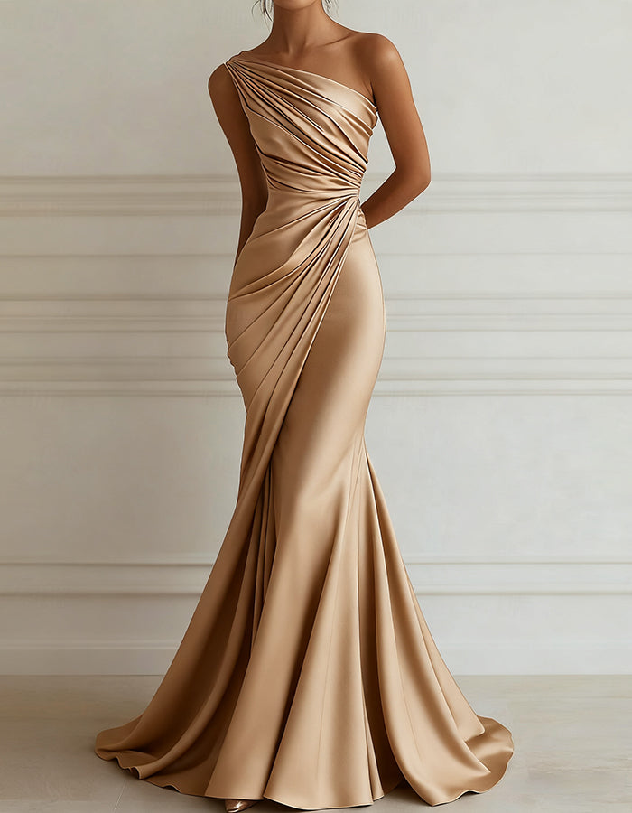 Vestido maxi de satén elástico plisado con un hombro