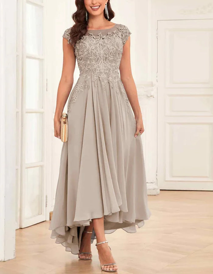 Khaki Round Neck Short Sleeve Lace Midi Dress