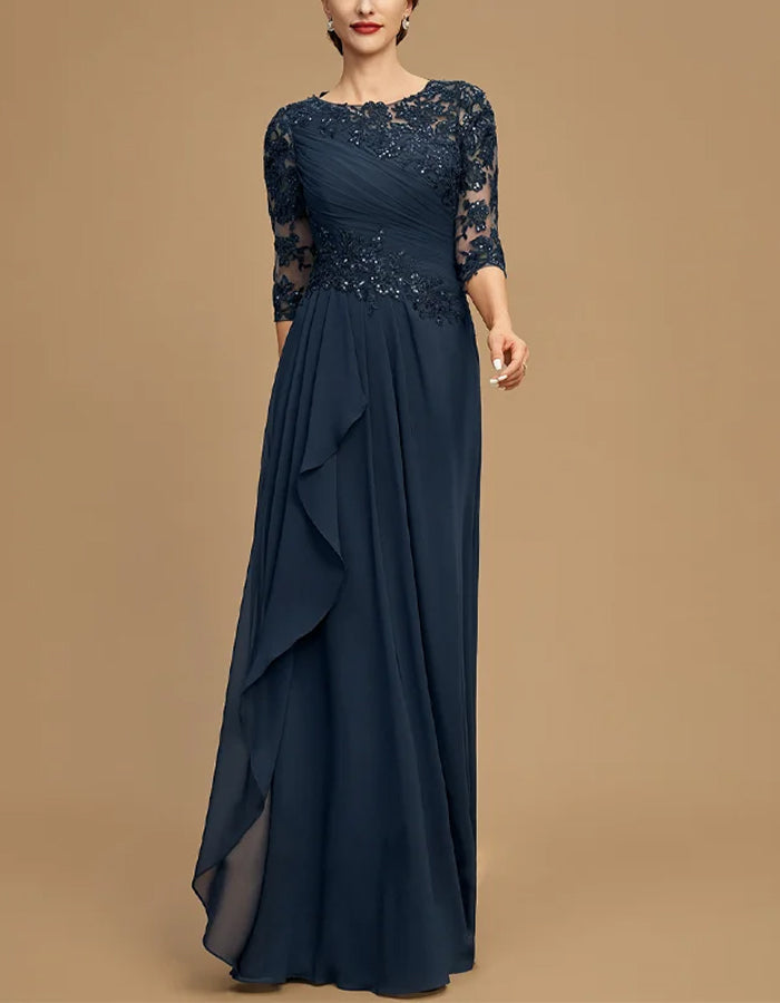 Robe longue en mousseline et dentelle bleu foncé à col rond