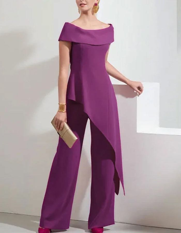 Elegant Crepe Jumpsuit with Asymmetric Draped Overlay and Off-Shoulder Neckline