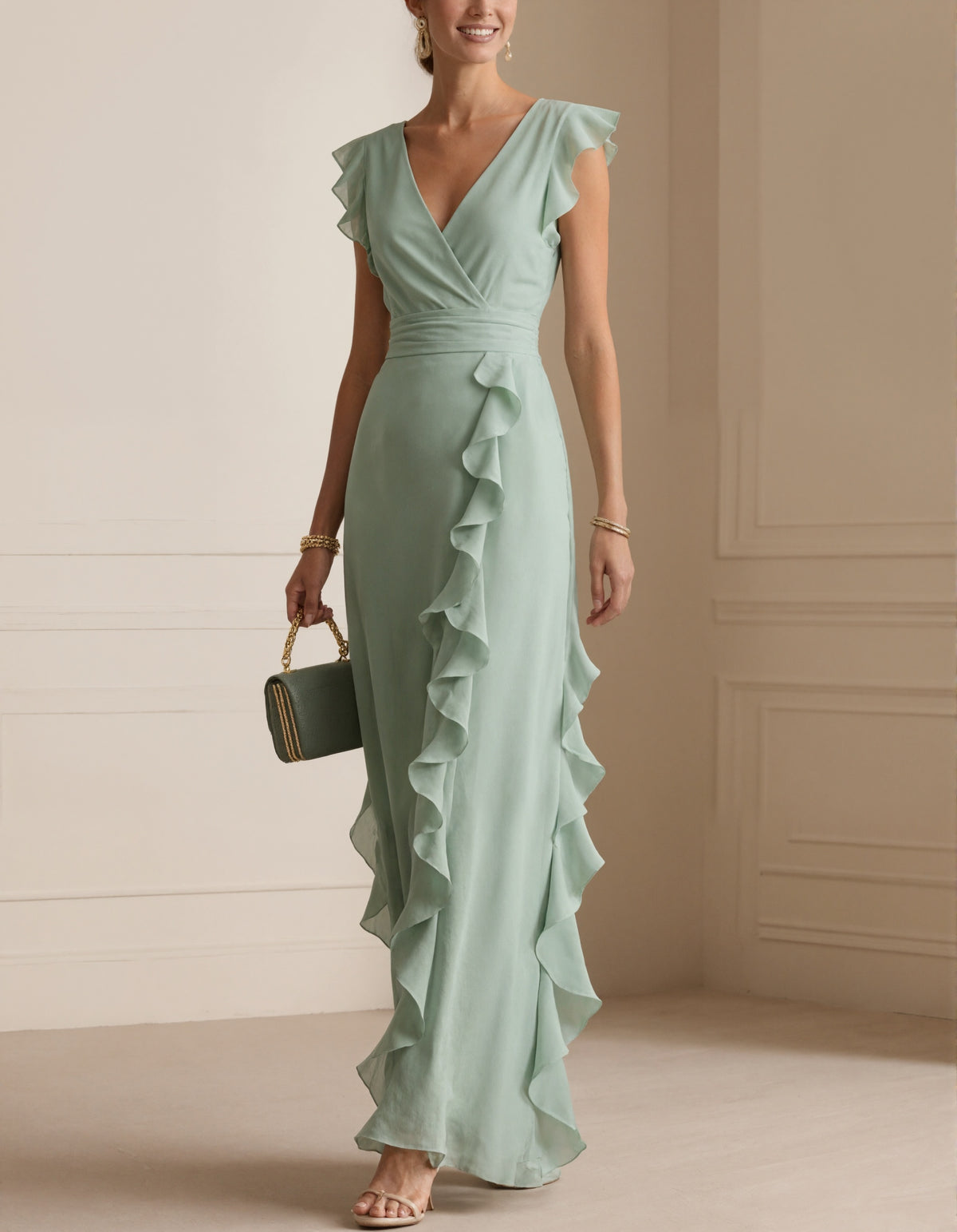 Graceful Mint Green Chiffon Gown with Ruffled Sleeves and Draped Skirt